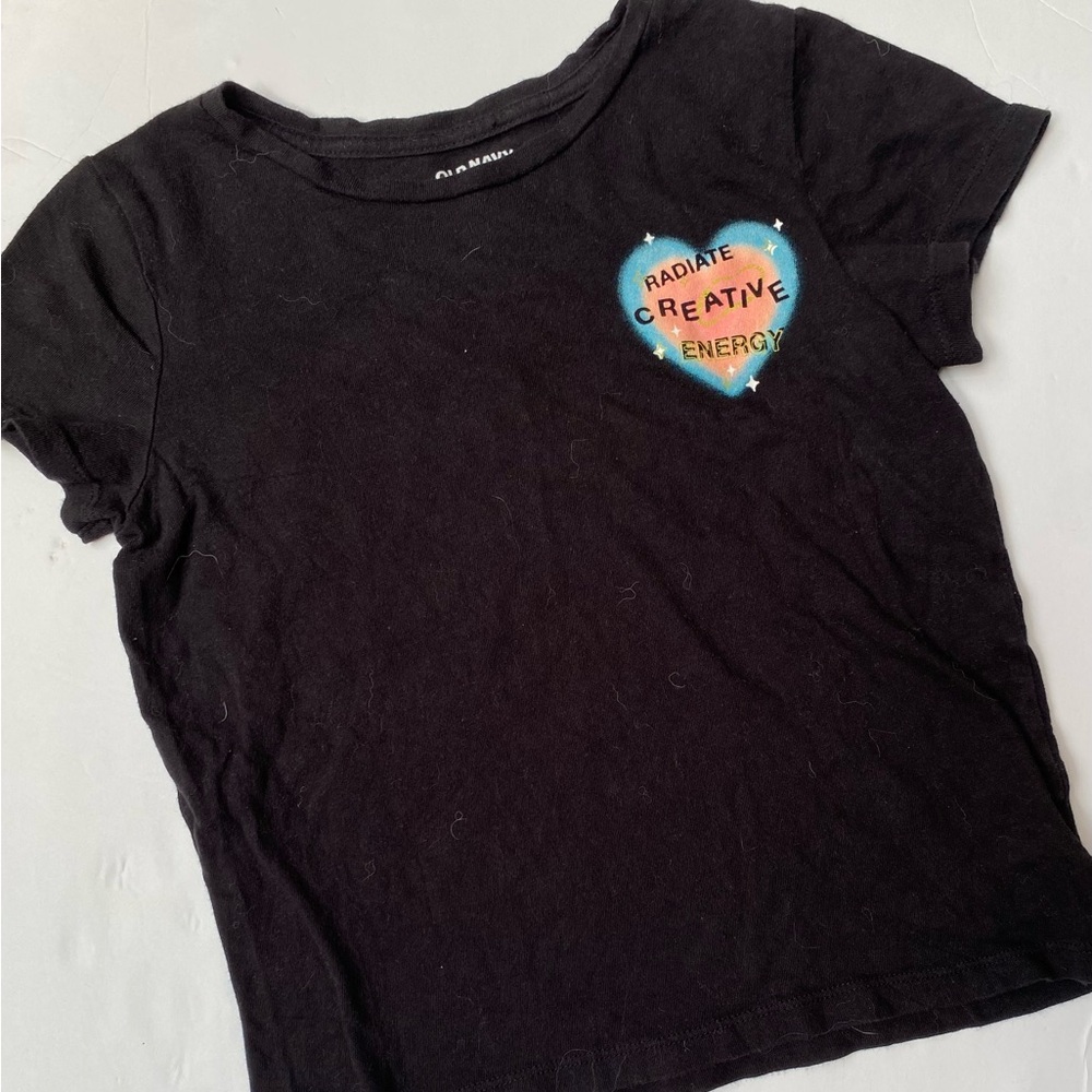 Old Navy Black Short Sleeve Tee with Rainbow Heart Graphic